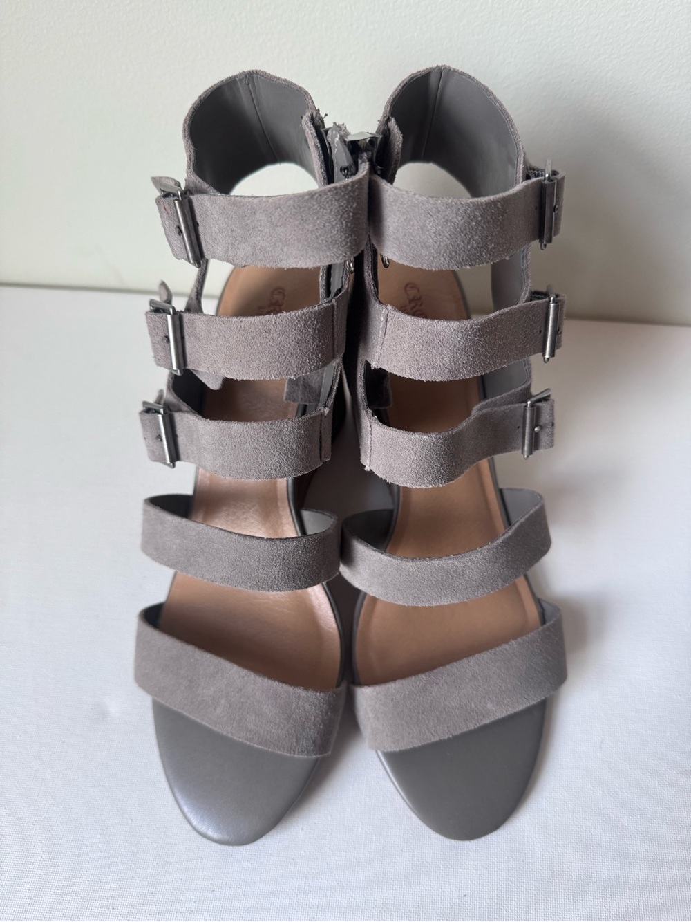 Crown Vintage Serena Stone Gray Suede Gladiator Heels wedge